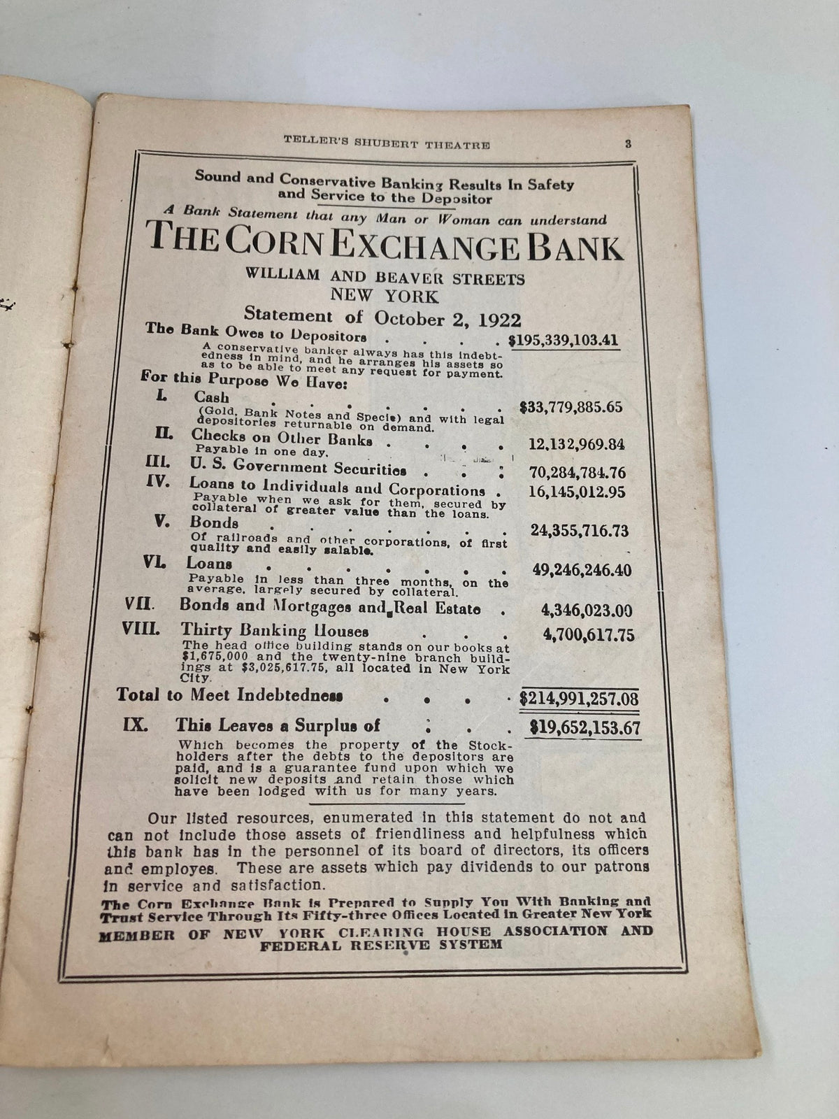 Page from the 1922 Teller's Shubert Theatre Musical Play Marjolaine featuring a bank statement from The Corn Exchange Bank, dated October 2, 1922.