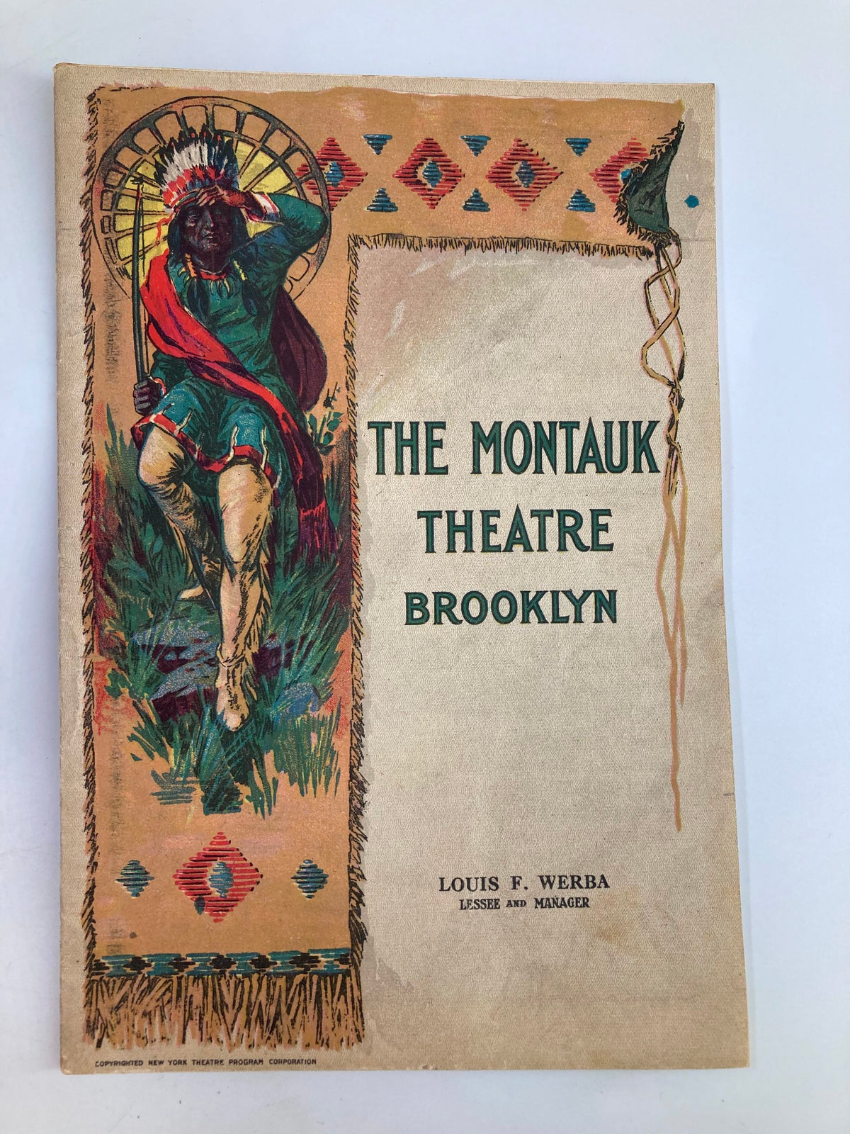 1922 The Montauk Theatre Brooklyn Alice Owens in The First Year Playbill cover featuring colorful illustrations of a Native American figure, representing vintage theatre history.