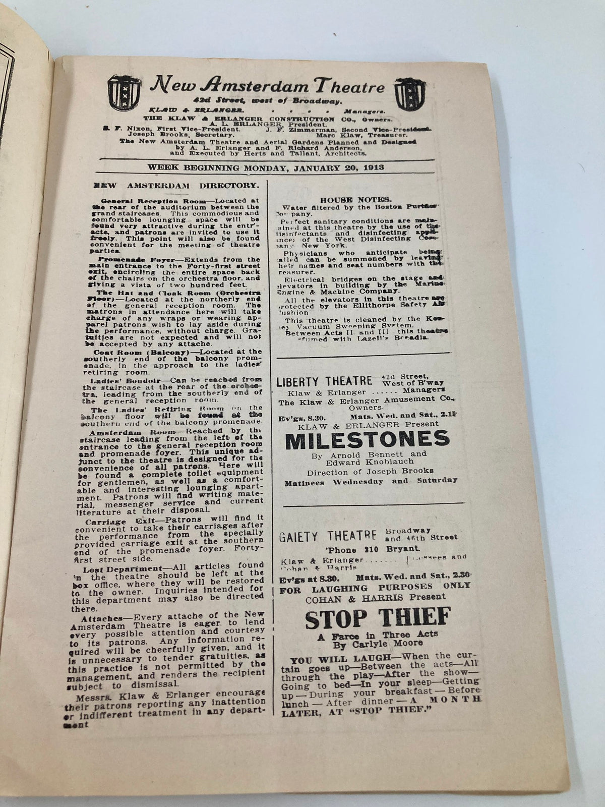 January 20, 1913 New Amsterdam Theatre program directory featuring the week's schedule, part of the historic collection showcasing Christie MacDonald in The Spring Maid by George Marion.