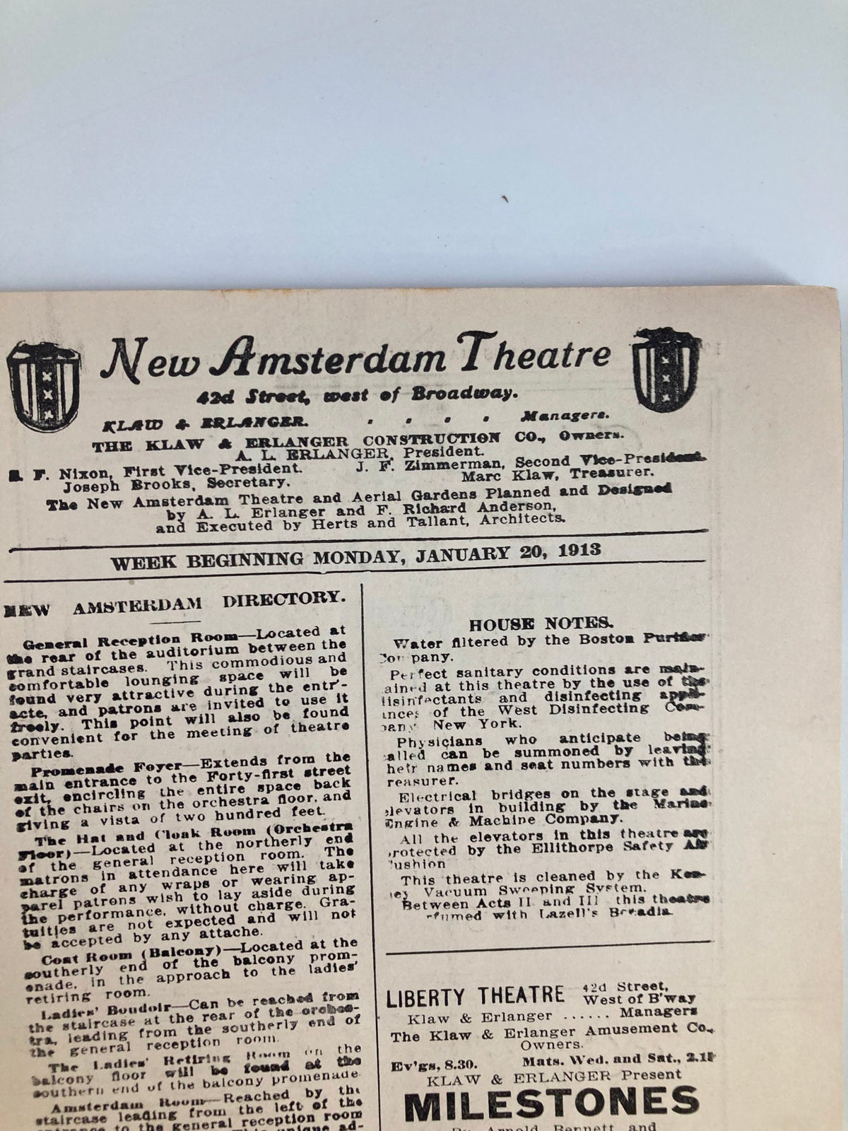 Detailed view of the New Amsterdam Theatre program directory dated January 20, 1913, listing events and features of the theatre, including Christie MacDonald in The Spring Maid.