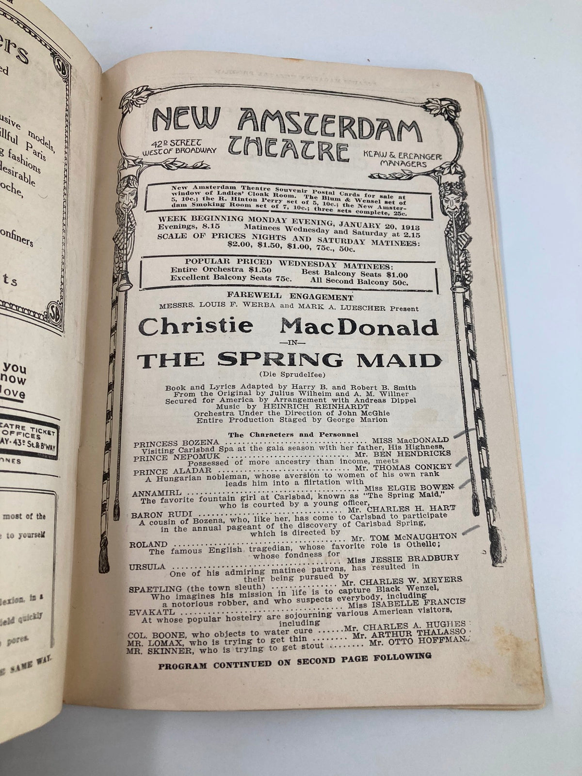 New Amsterdam Theatre program from January 20, 1913, highlighting Christie MacDonald in The Spring Maid, capturing the essence of early 20th-century theatre.