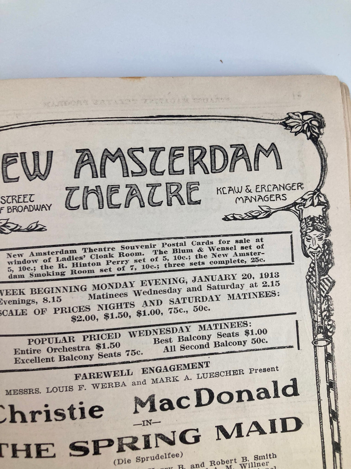 Close-up of the New Amsterdam Theatre's January 20, 1913 program cover, promoting Christie MacDonald in The Spring Maid, reflecting historical theatre design.