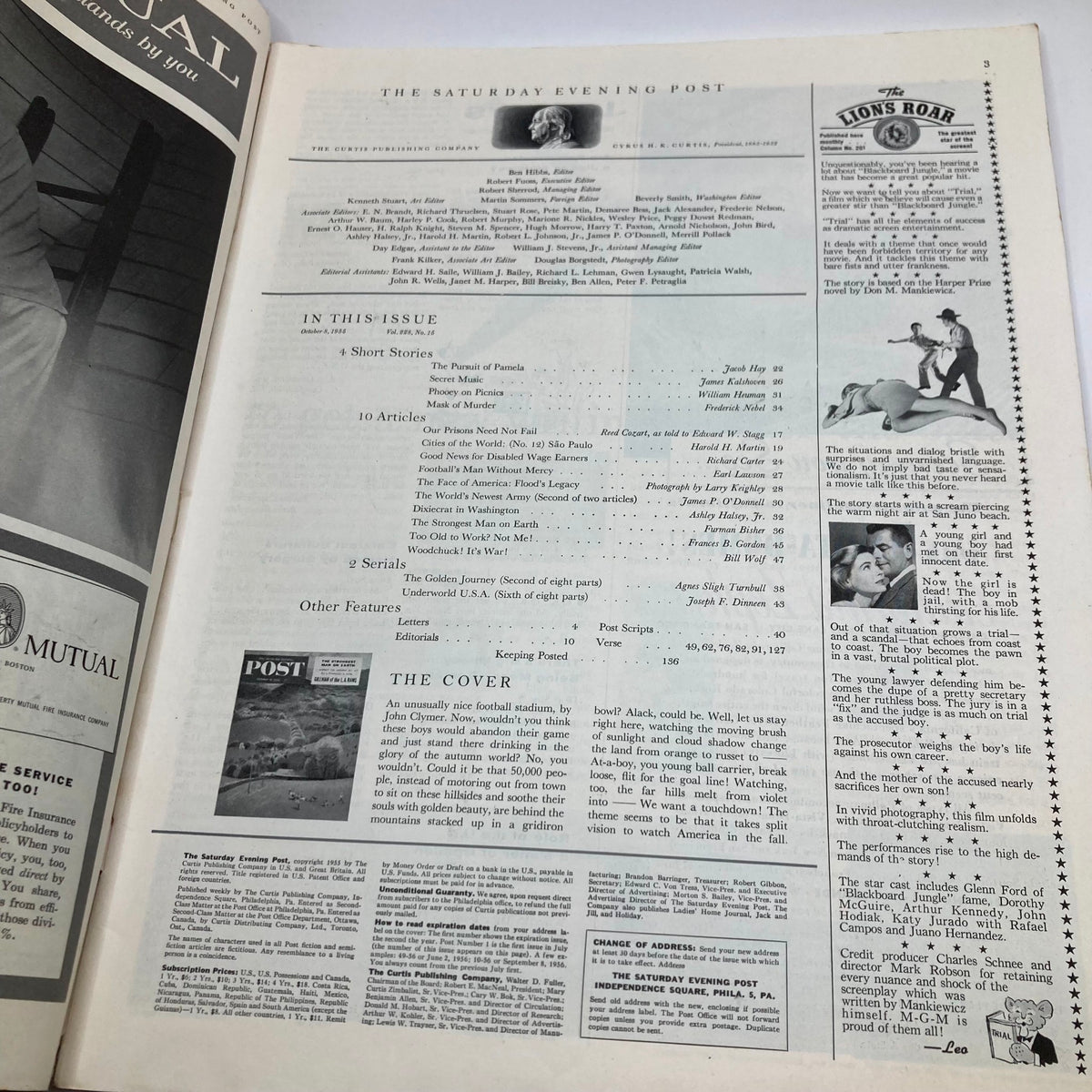 Inside page of the Saturday Evening Post Magazine from October 8, 1955, displaying the table of contents and articles, including details about the cover featuring football stadium by John Clymer.
