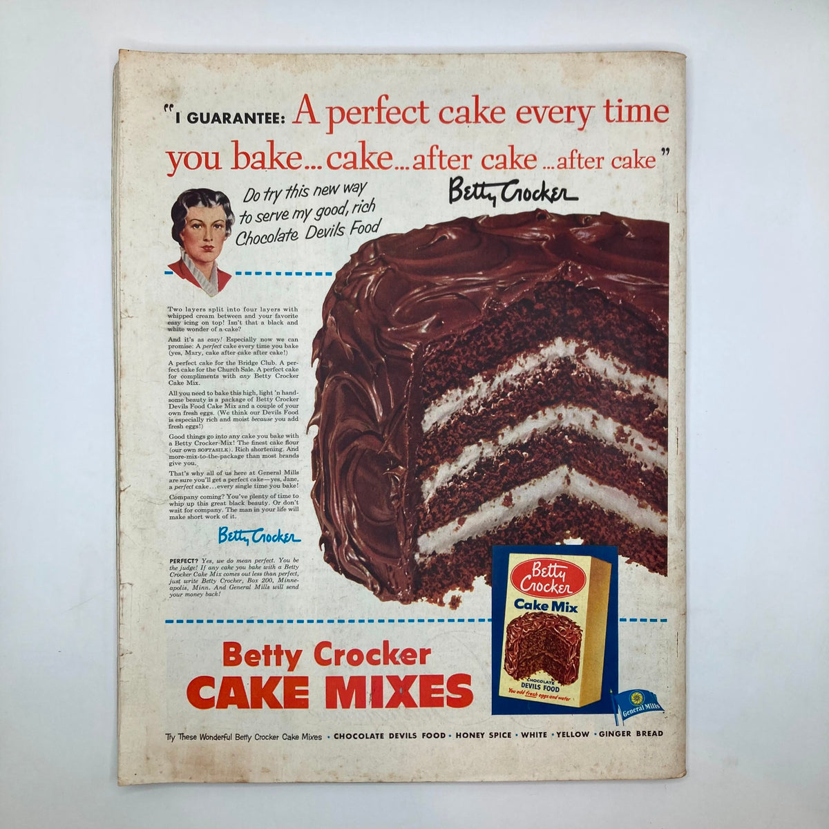 Advertisement page for Betty Crocker Cake Mixes found in the Saturday Evening Post Magazine, July 18, 1953, featuring a delicious chocolate cake with layers.