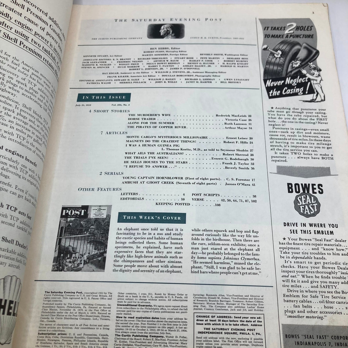 Interior page of the Saturday Evening Post Magazine dated July 25 1953, featuring contents and articles including a cover story on 'Exotic Species' by Clymer.