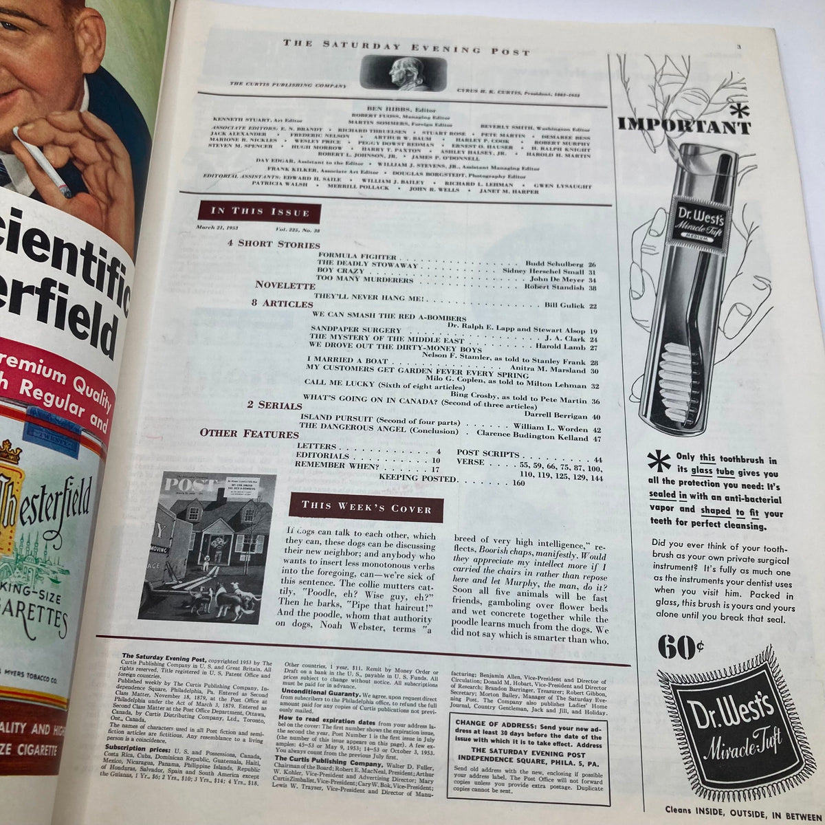Inside page of Saturday Evening Post Magazine March 21, 1953 displaying the table of contents and articles including 'We Can Smash the Red A-Bombers'.