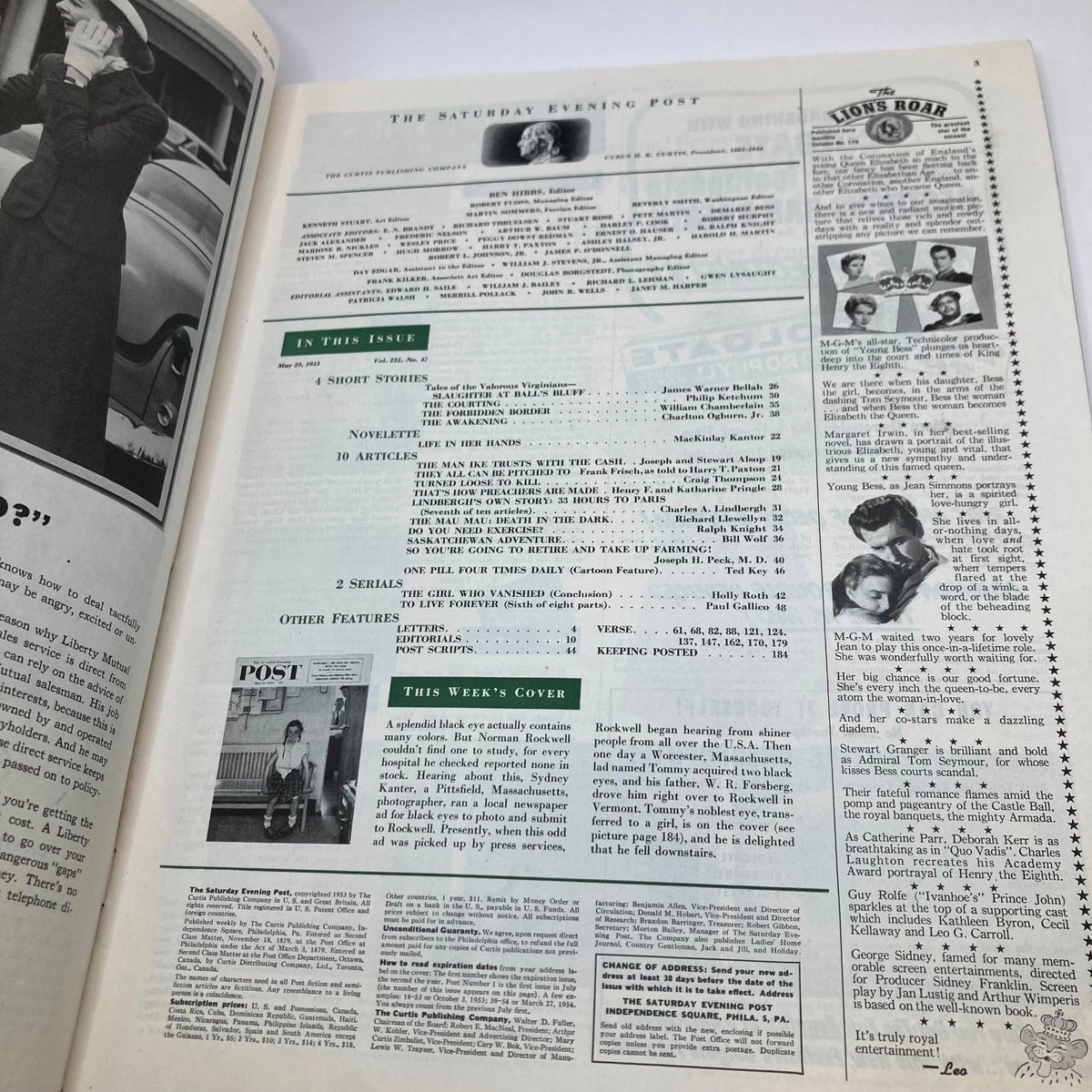 Inside page of the Saturday Evening Post Magazine May 23 1953 featuring details about articles and cover illustration 'Black Eye for Photo' by Norman Rockwell.