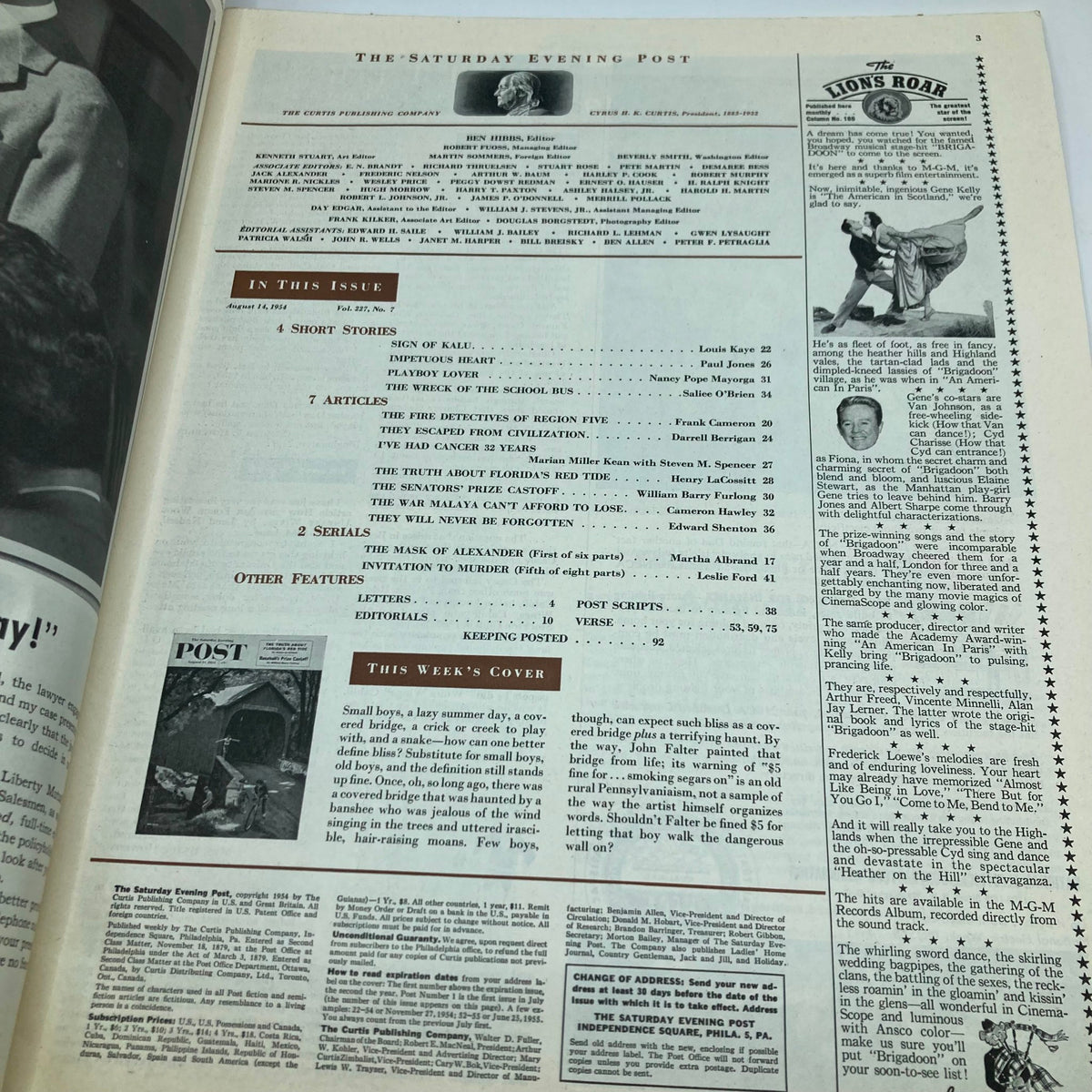 Inside page of the Saturday Evening Post Magazine August 14 1954 showing the table of contents and the introduction to the featured cover art.