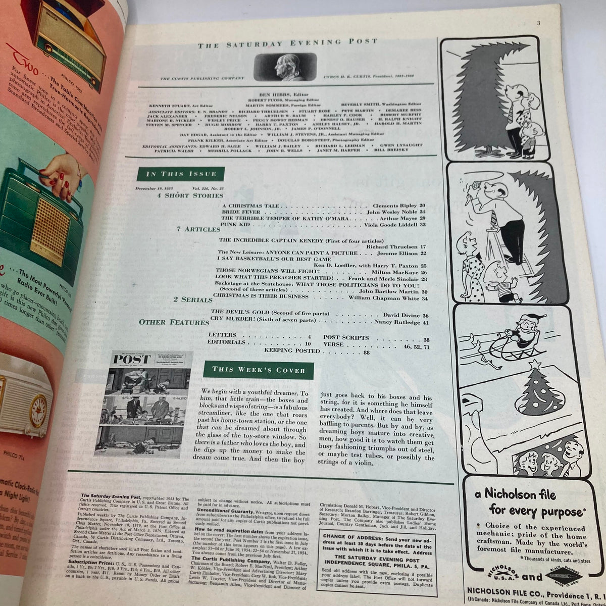 Interior page of Saturday Evening Post Magazine December 19, 1953 listing articles and features, showcasing the magazine's rich historical content from the mid-20th century.