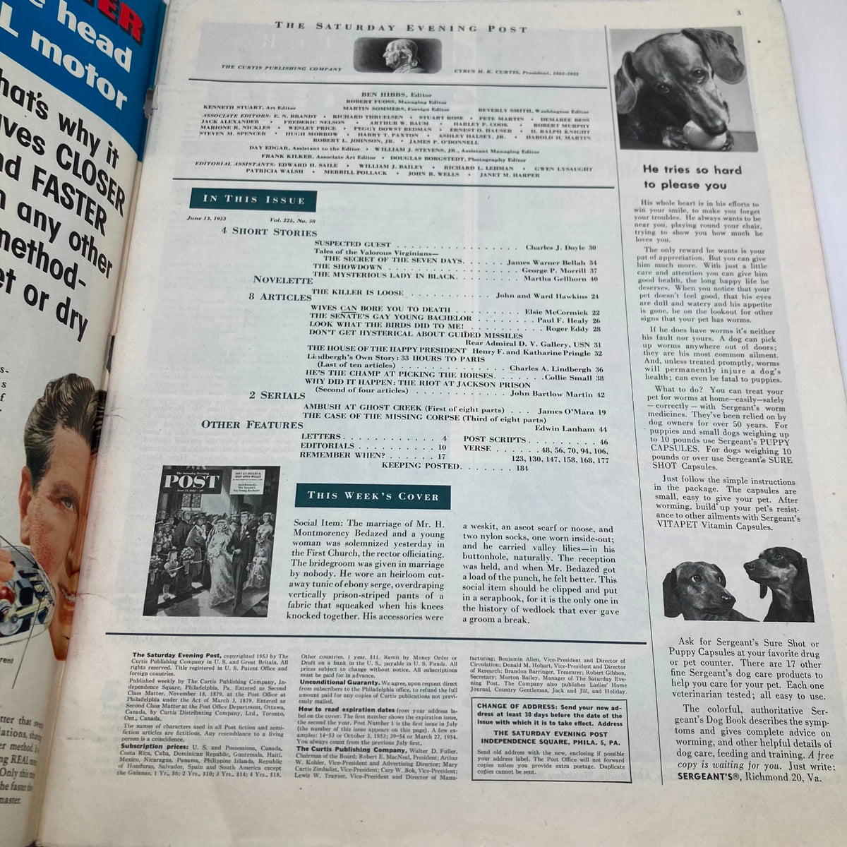 Inside page of the Saturday Evening Post Magazine June 13, 1953 featuring articles and stories, including details about the cover art 'The First Church' by Alajalov.