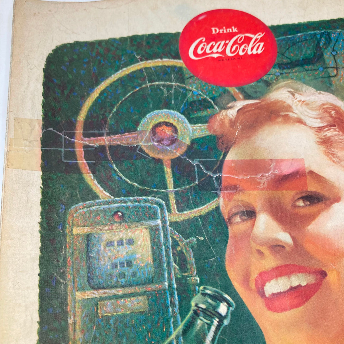 Close-up of the Coca-Cola advertisement cover showing a woman's face with a Coke bottle, highlighting the vintage art style, from the Saturday Evening Post Magazine June 13, 1953.