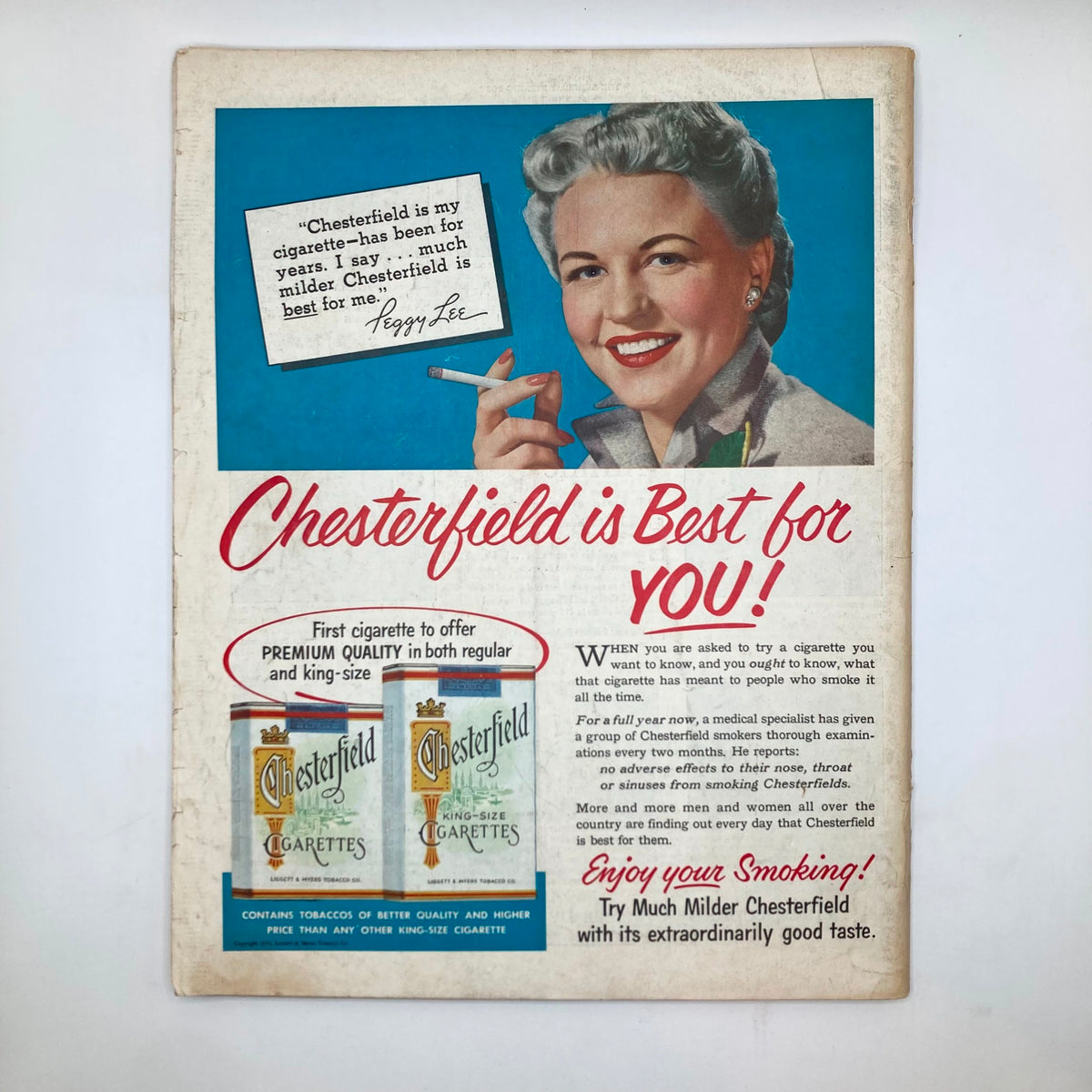 Advertisement from the back page of Saturday Evening Post Magazine, May 2, 1953, promoting Chesterfield cigarettes with a smiling woman and a slogan about quality.