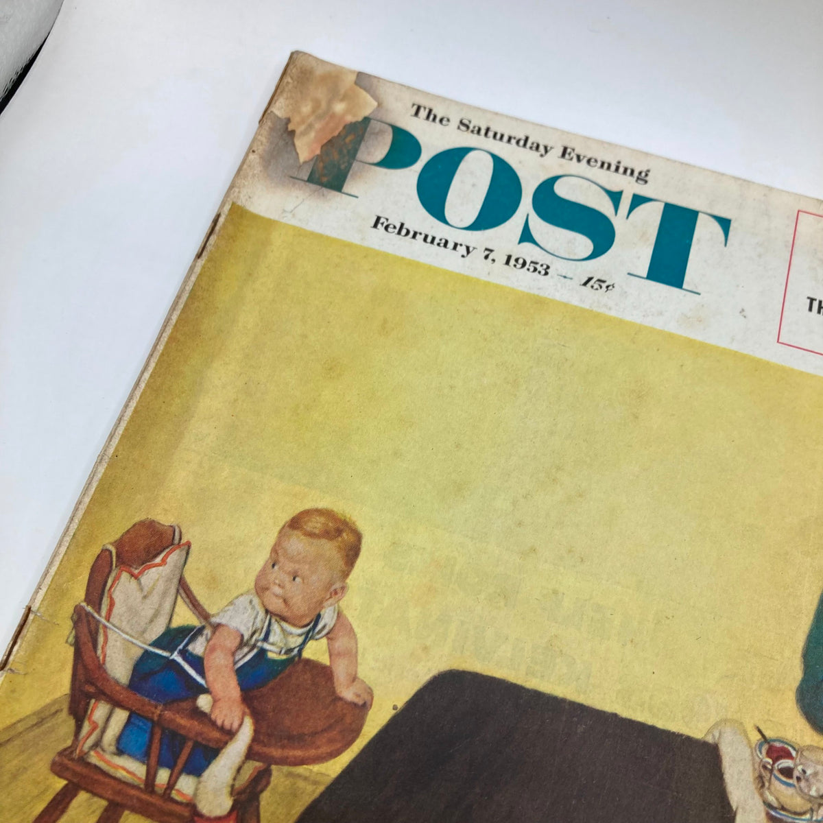 Cover of Saturday Evening Post Magazine February 7, 1953 featuring a vintage illustration of a child in a high chair.