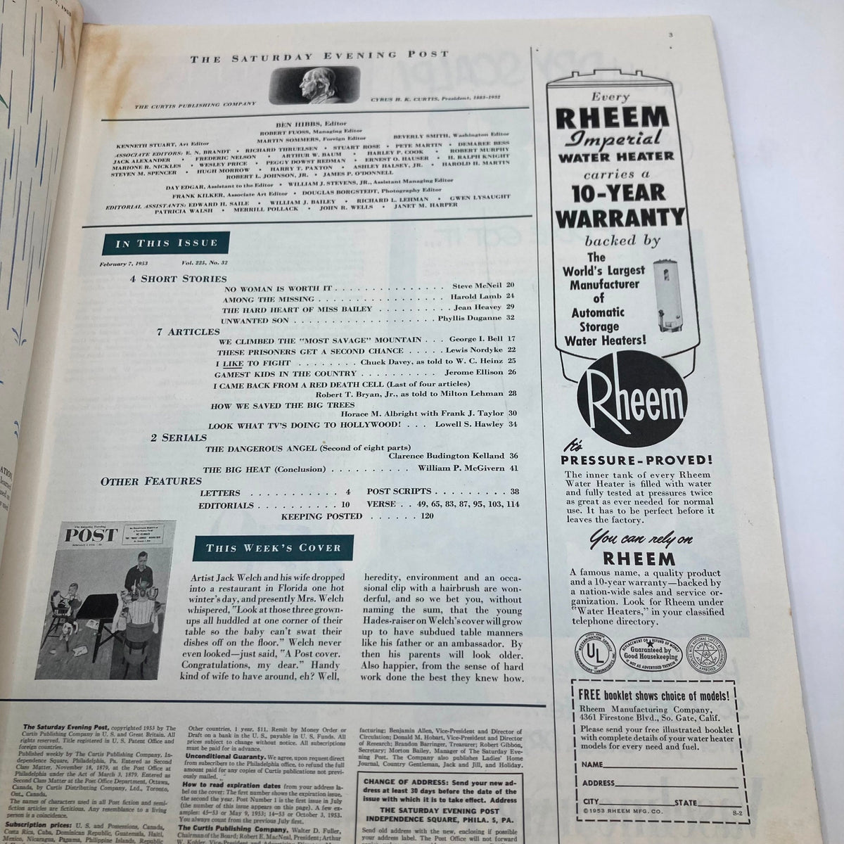 Interior page of Saturday Evening Post Magazine February 7, 1953 displaying the magazine's editorial content and advertisement.