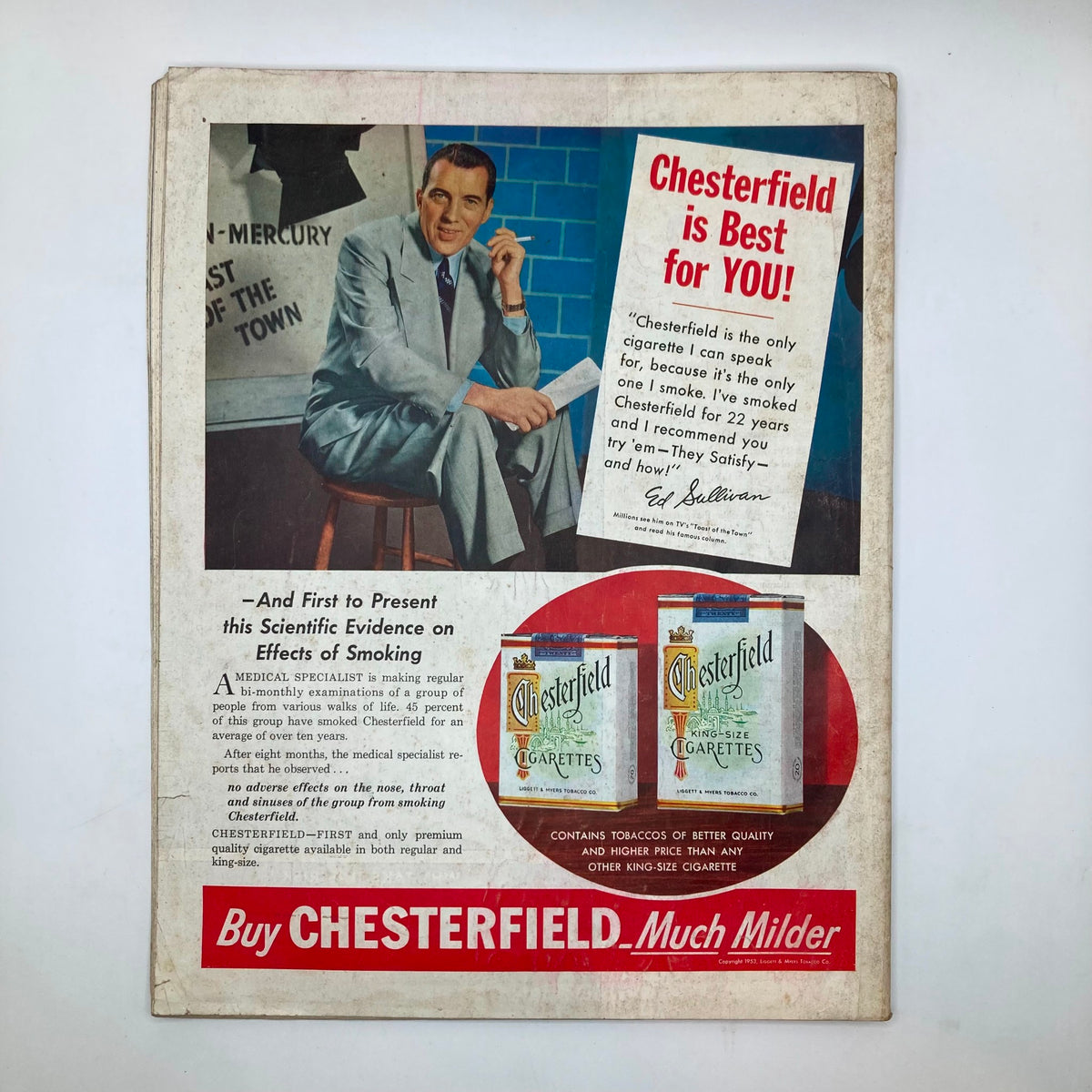 Advertisement from the back cover of Saturday Evening Post Magazine February 7, 1953 promoting Chesterfield cigarettes with a vintage illustration.