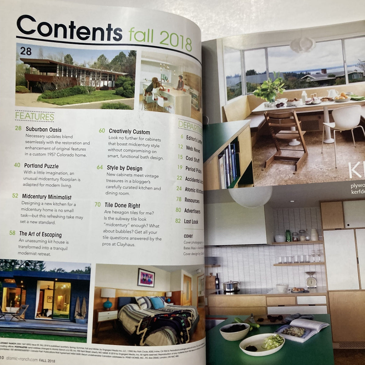 Contents page of Atomic Ranch Magazine Fall 2018 displaying various articles including 'Suburban Oasis' and 'Creatively Custom' along with modern interior designs.