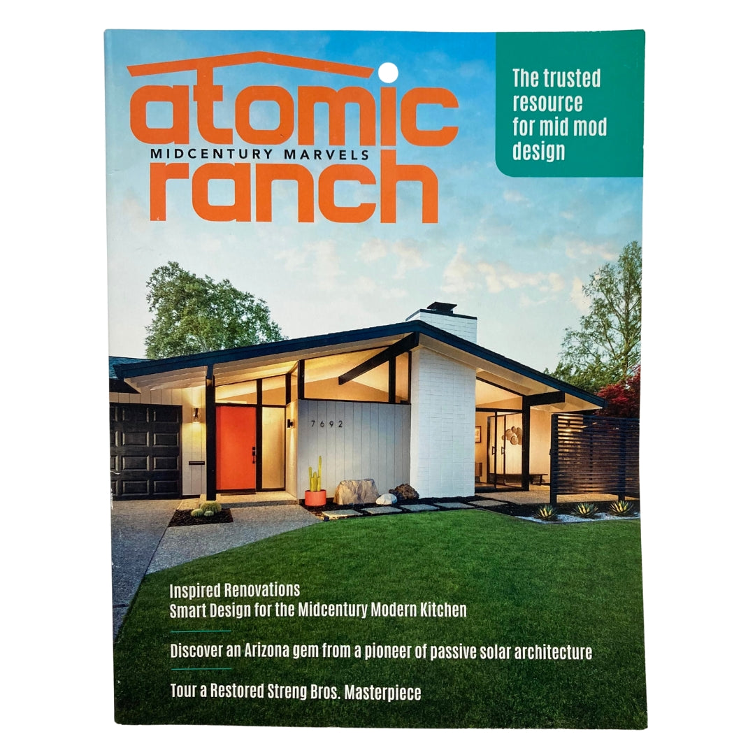 Atomic Ranch Magazine Fall 2019 cover featuring restored Streng Bros. masterpiece, showcasing mid-century modern architecture with a stylish home exterior and green lawn.