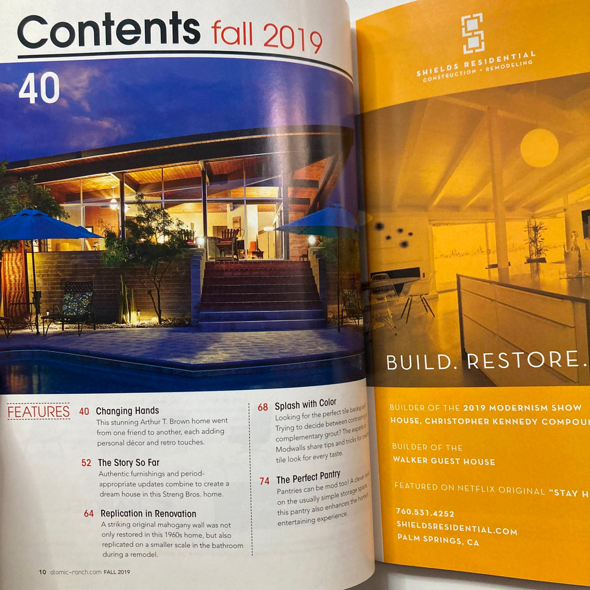 Contents page from Atomic Ranch Magazine Fall 2019, highlighting features including mid-century design, restoration stories, and vibrant photography of modernist architecture.