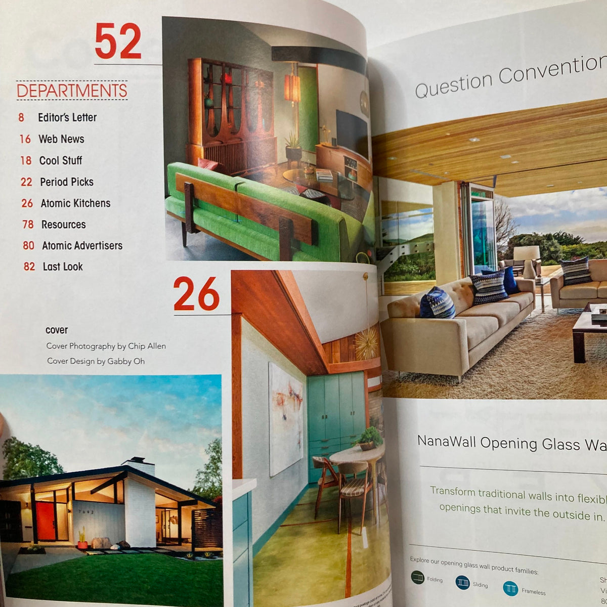 Interior pages of Atomic Ranch Magazine Fall 2019, displaying design and architecture articles with colorful visuals of mid-century furniture and stylish spaces.