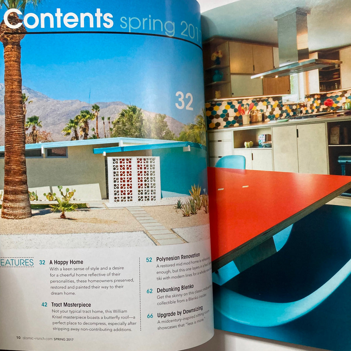Contents page of Atomic Ranch Magazine Spring 2017, highlighting articles including Blenko: Debunking the Myths and spring renovation features.