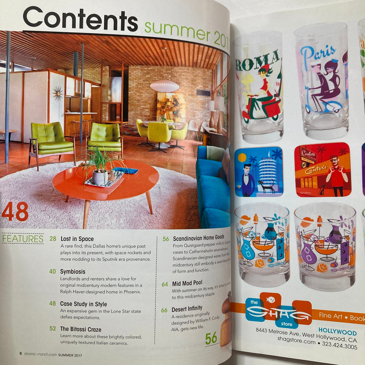 Interior pages of Atomic Ranch Magazine Summer 2017 displaying the table of contents with articles on home design, including Scandinavian home costs and stylish renovations.