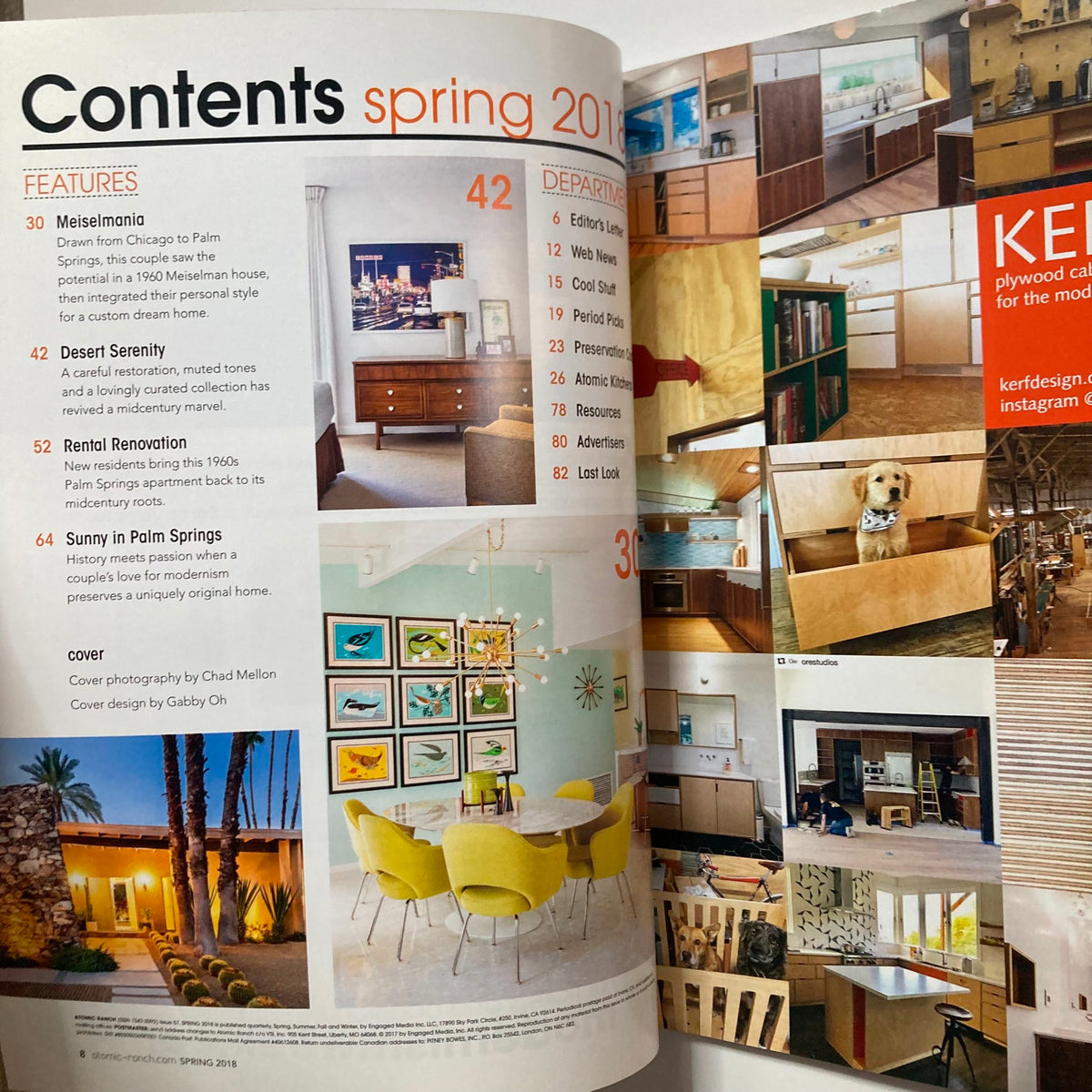 Atomic Ranch Magazine Spring 2018 - Contents page highlighting mid-century modern design features including articles about Eichler kitchens, desert serenity, and rental renovations.
