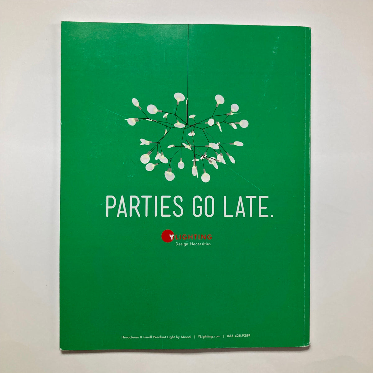 Back cover of Atomic Ranch Magazine Winter 2014 with a minimalist design featuring a green background and modern lighting, promoting YLighting products.