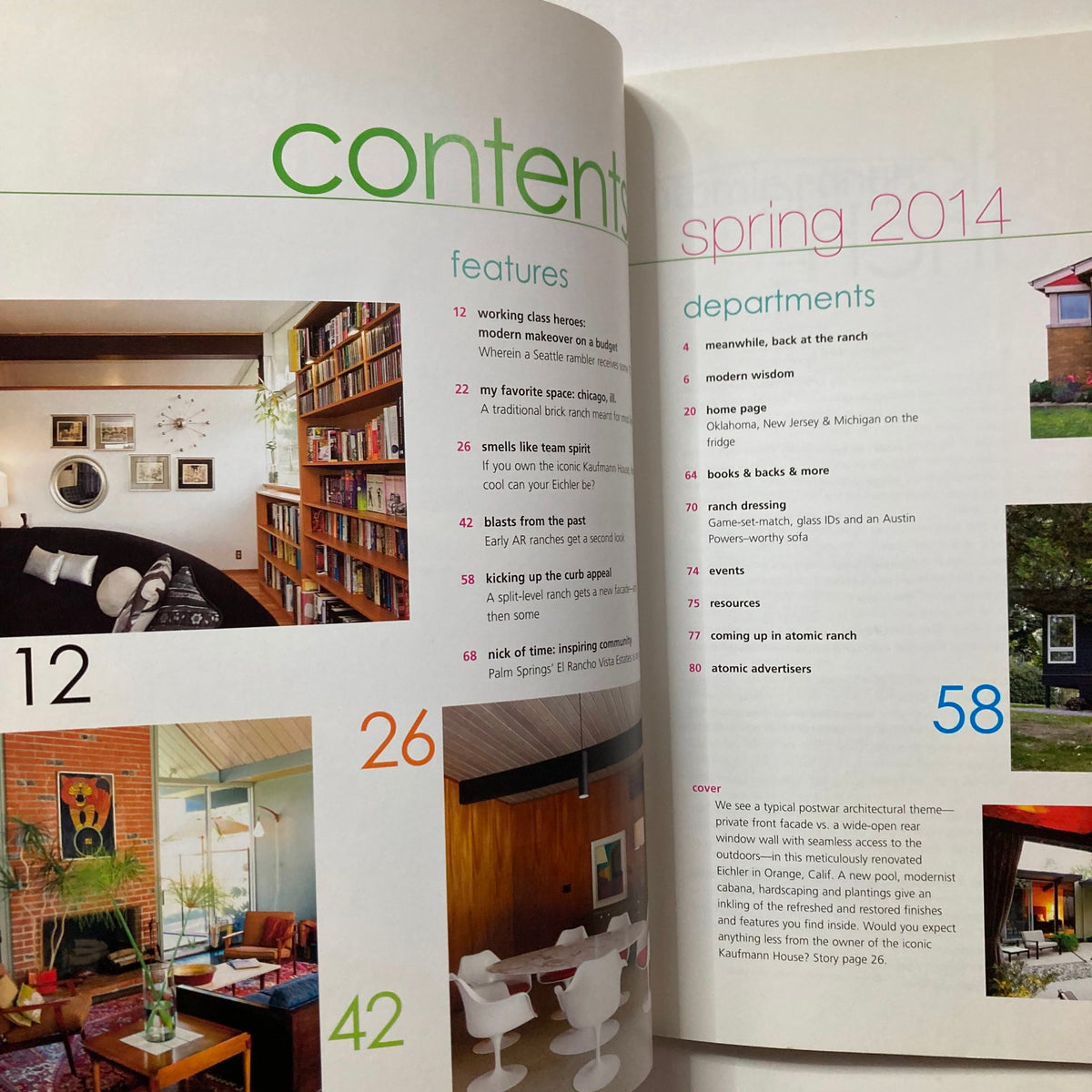 Contents page of Atomic Ranch Magazine Spring 2014, highlighting various features including articles on modern home design and renovation ideas.