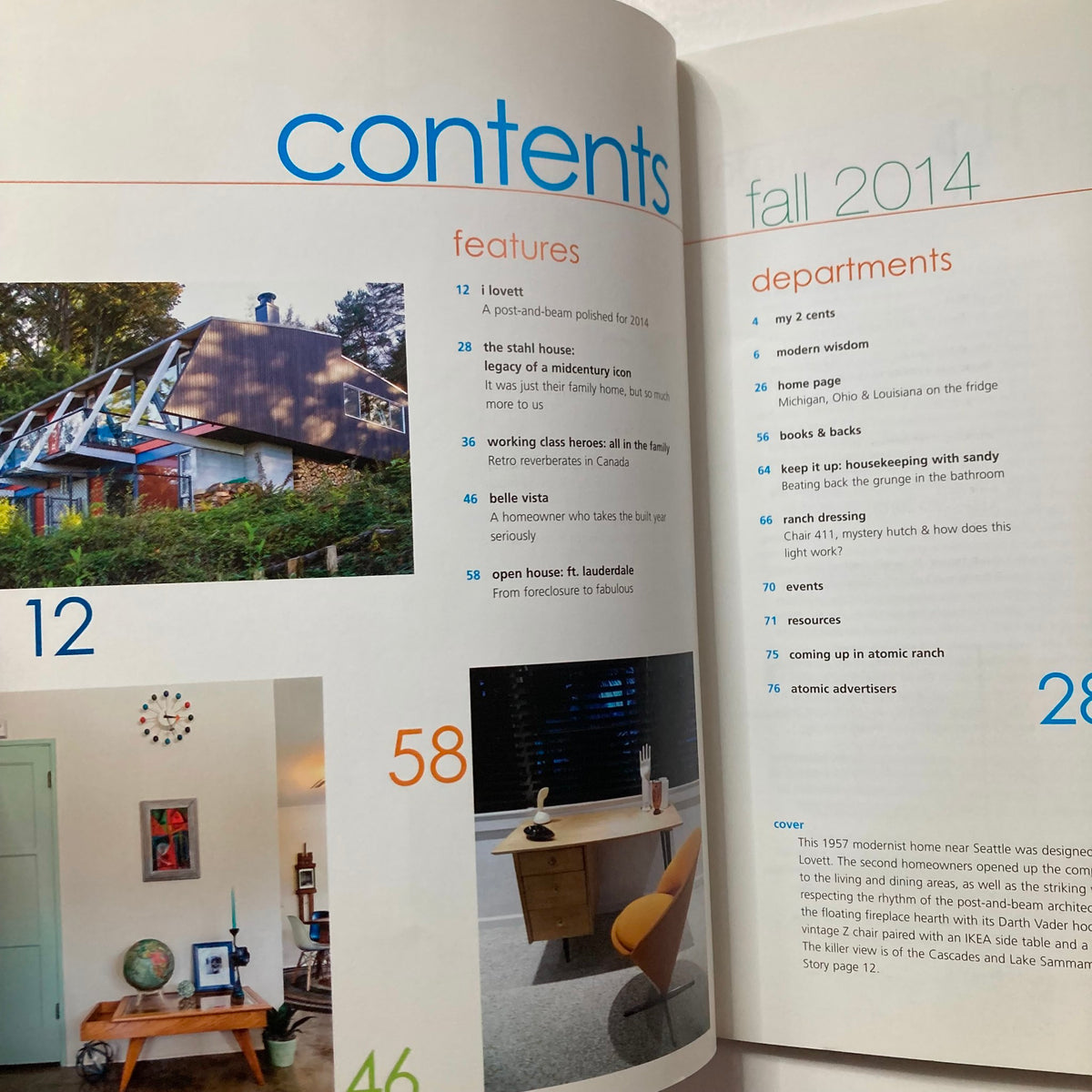 Contents page of Atomic Ranch Magazine Fall 2014 featuring articles on midcentury architecture and design.