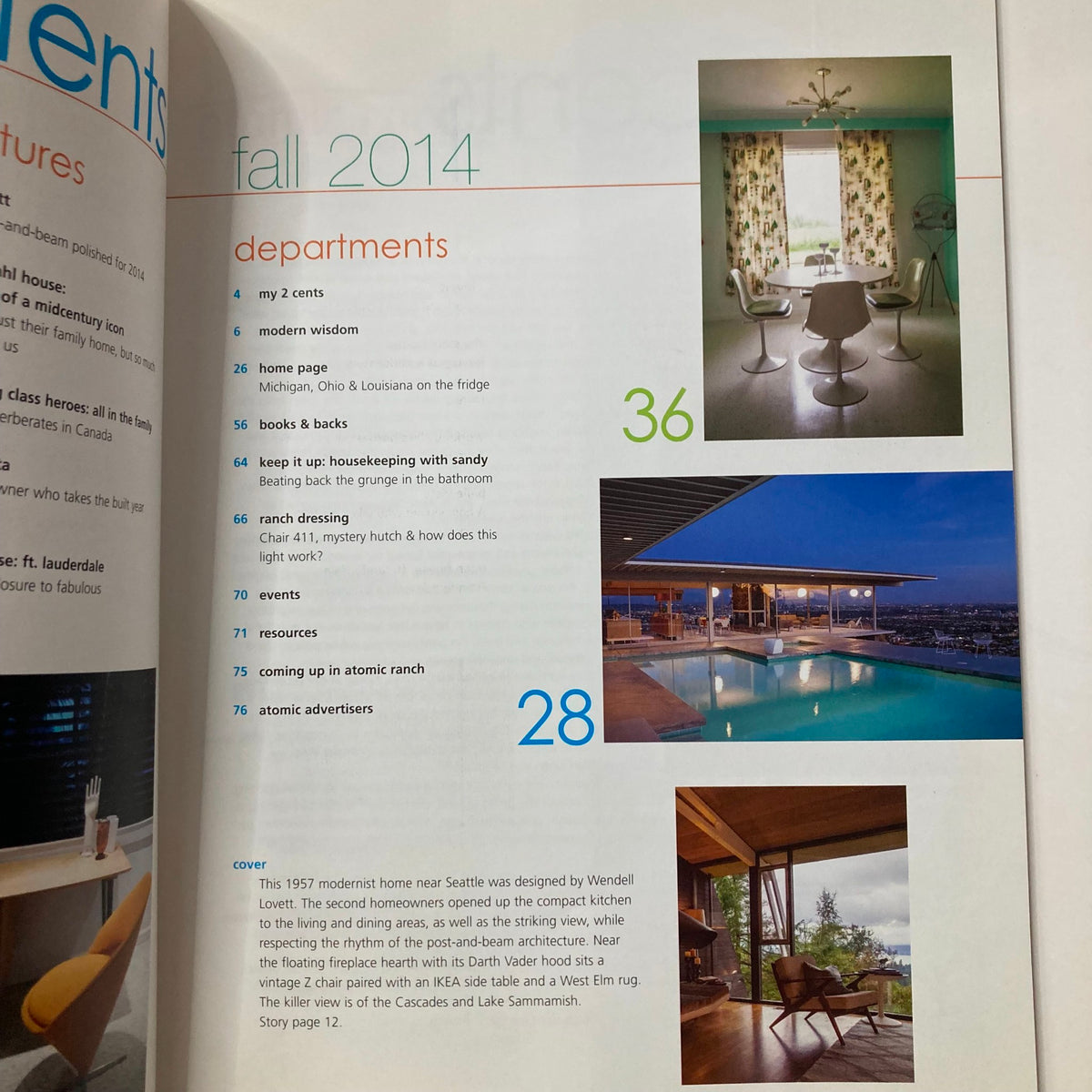 Atomic Ranch Magazine Fall 2014 page showcasing departments, featuring sections like my 2 cents and book reviews, highlighting midcentury design themes.