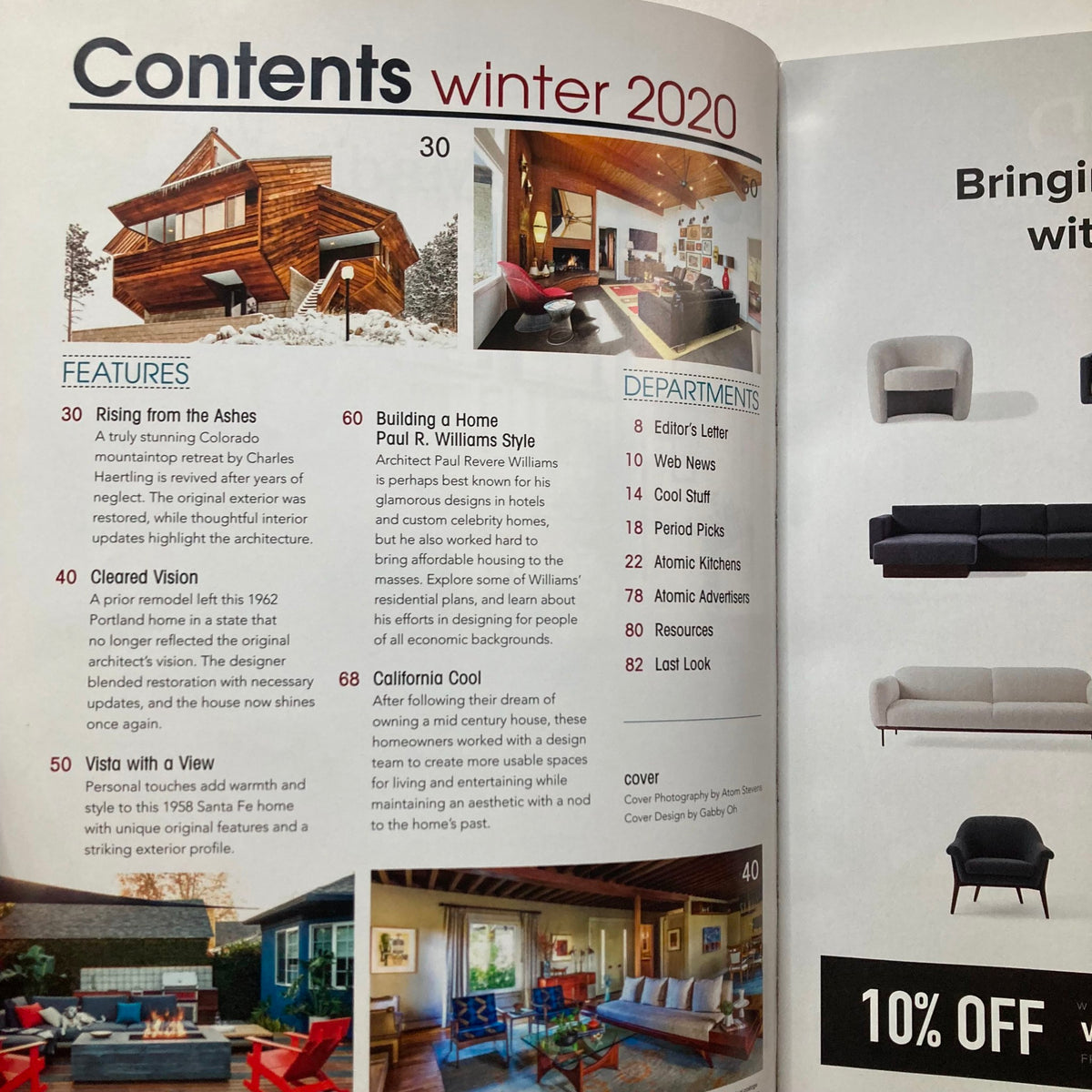 Contents page of the Atomic Ranch Magazine Winter 2020 edition featuring articles on mid-century modern architecture and design, including 'Rising from the Ashes' and 'Building a Home: Paul R. Williams Style'.