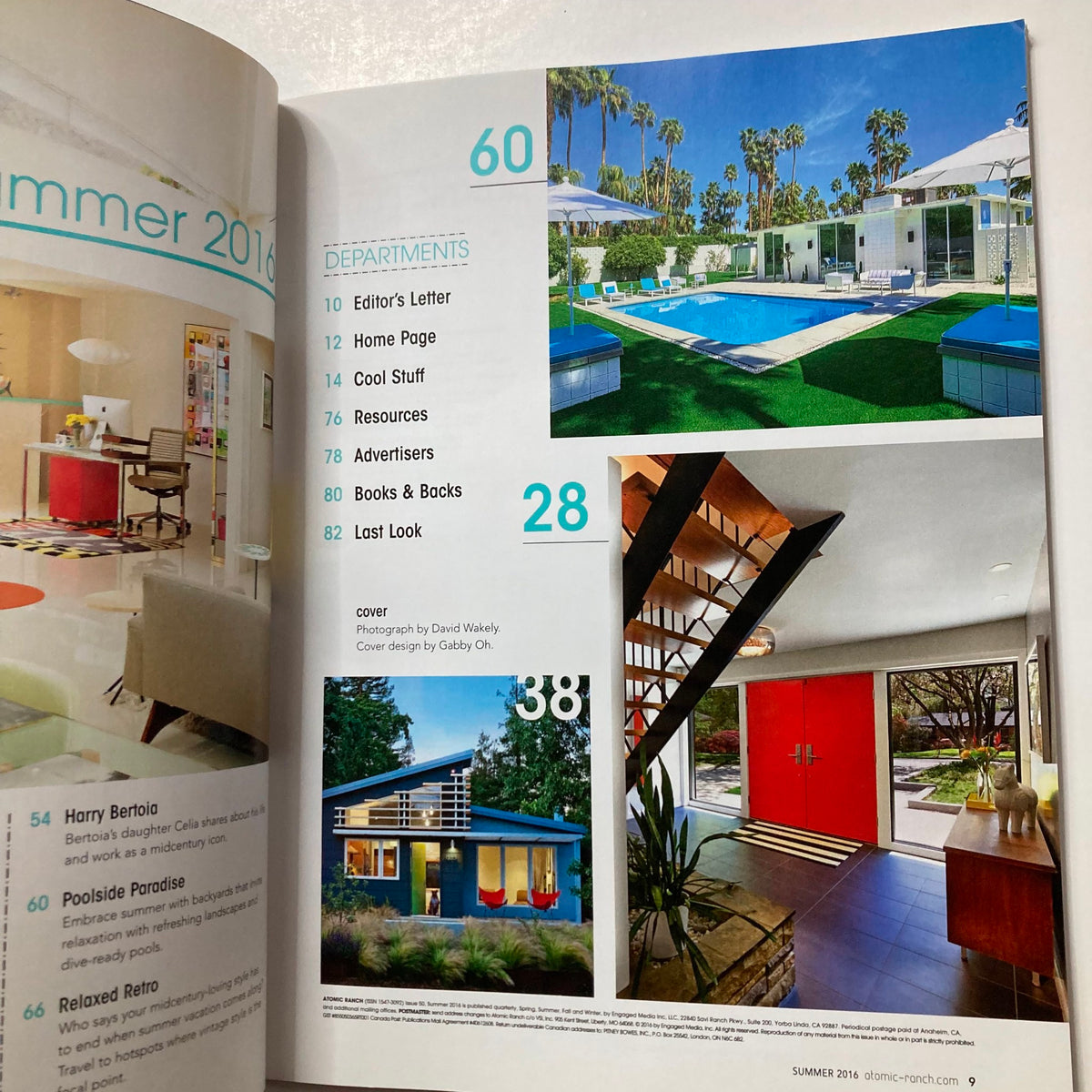 Atomic Ranch Magazine Summer 2016 featuring vibrant pool scene and mid-century modern homes. Interior department page showcasing article sections and layout.