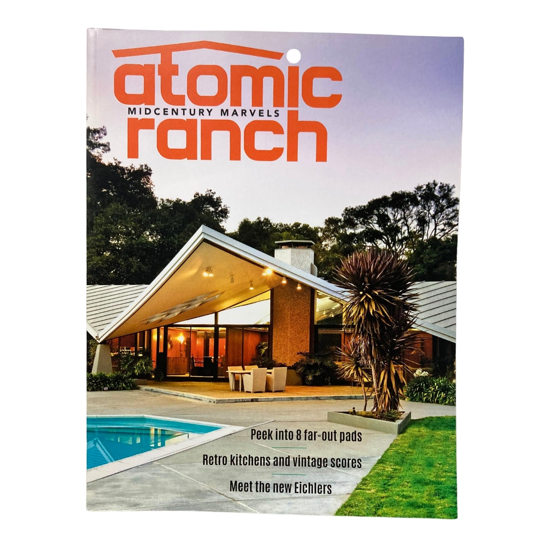 Atomic Ranch Magazine Fall 2016 cover featuring mid-century modern architecture with a sleek design and tropical landscaping, highlighting retro kitchens and vintage scores.