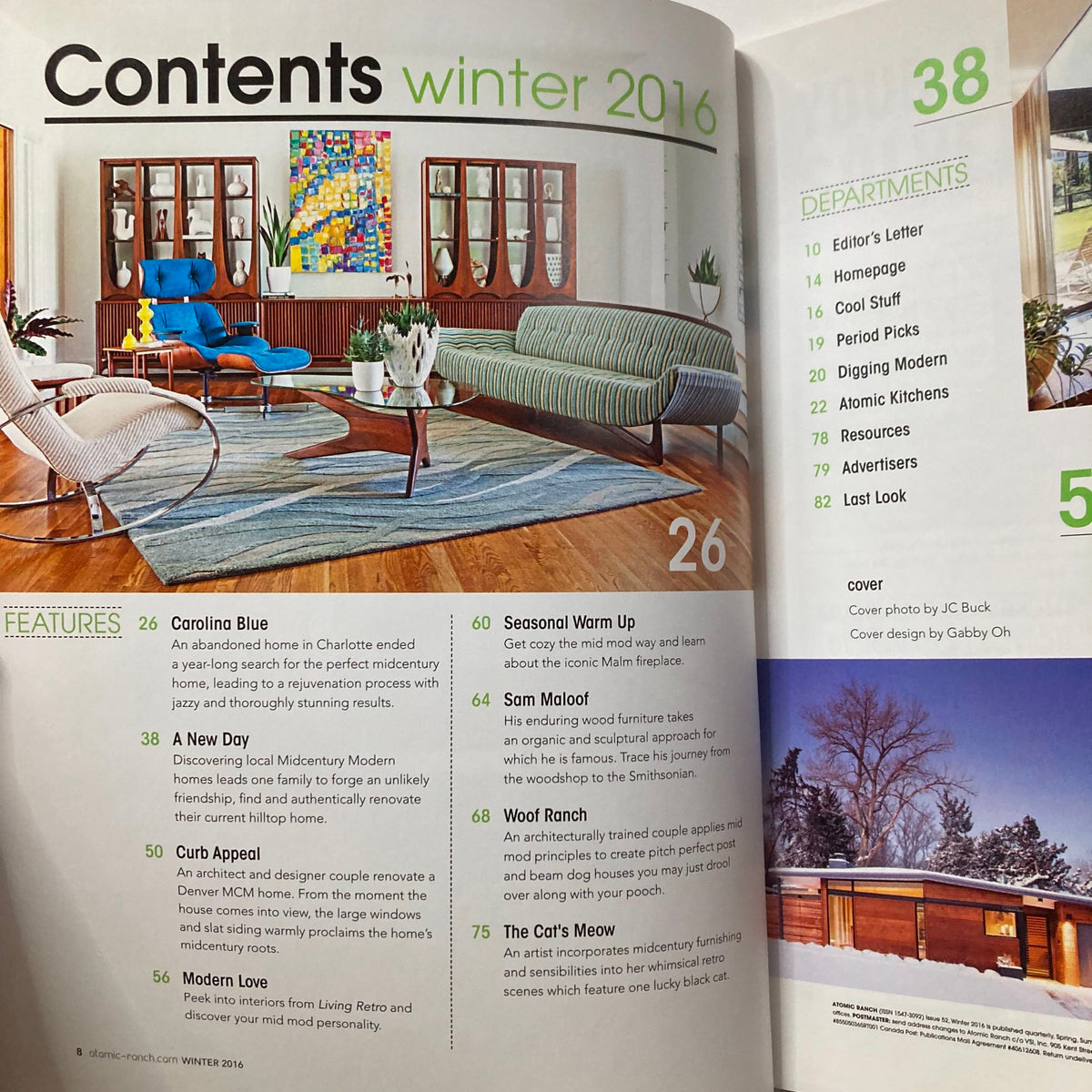 Contents page of Atomic Ranch Magazine Winter 2016 highlighting articles including Sam Maloof and mid-century design themes.