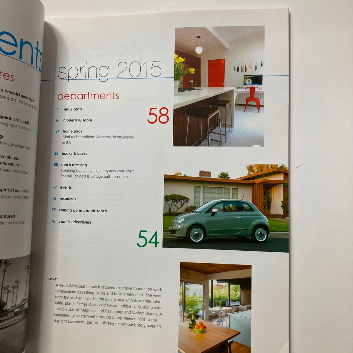 Second contents page of Atomic Ranch Magazine Spring 2015 highlighting additional articles and imagery focused on ranch-style homes and design.