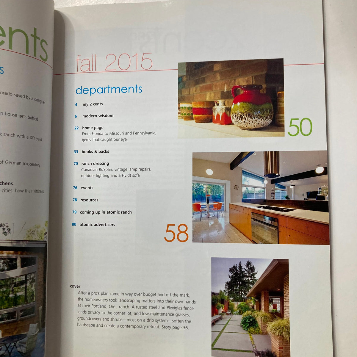 Department page from Atomic Ranch Magazine Fall 2015 showcasing various sections including modern home inspiration and DIY landscape design.