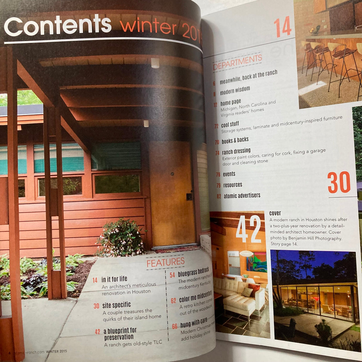 Atomic Ranch Magazine Winter 2015 contents page displaying articles and features on mid-century design, including a Houston renovation highlight.