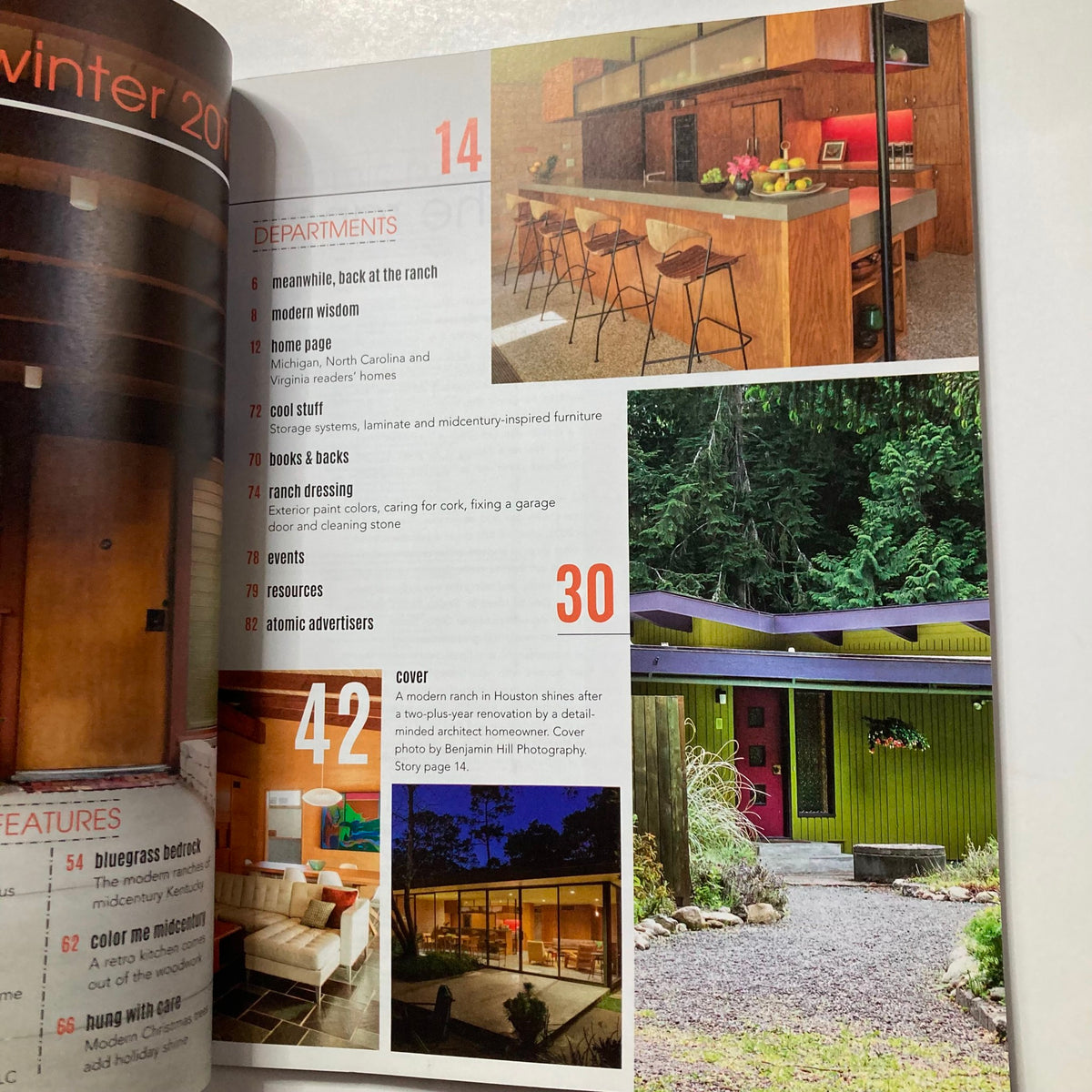 Atomic Ranch Magazine Winter 2015 contents overview with visuals of mid-century inspired interiors and design elements featured in the issue.