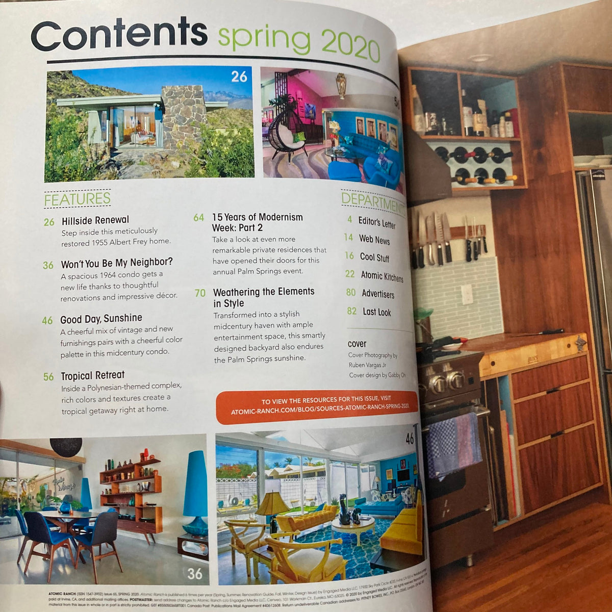 Atomic Ranch Magazine Spring 2020 The Palm Springs Issue VG - Contents page showcasing mid-century design features and vibrant room interiors.