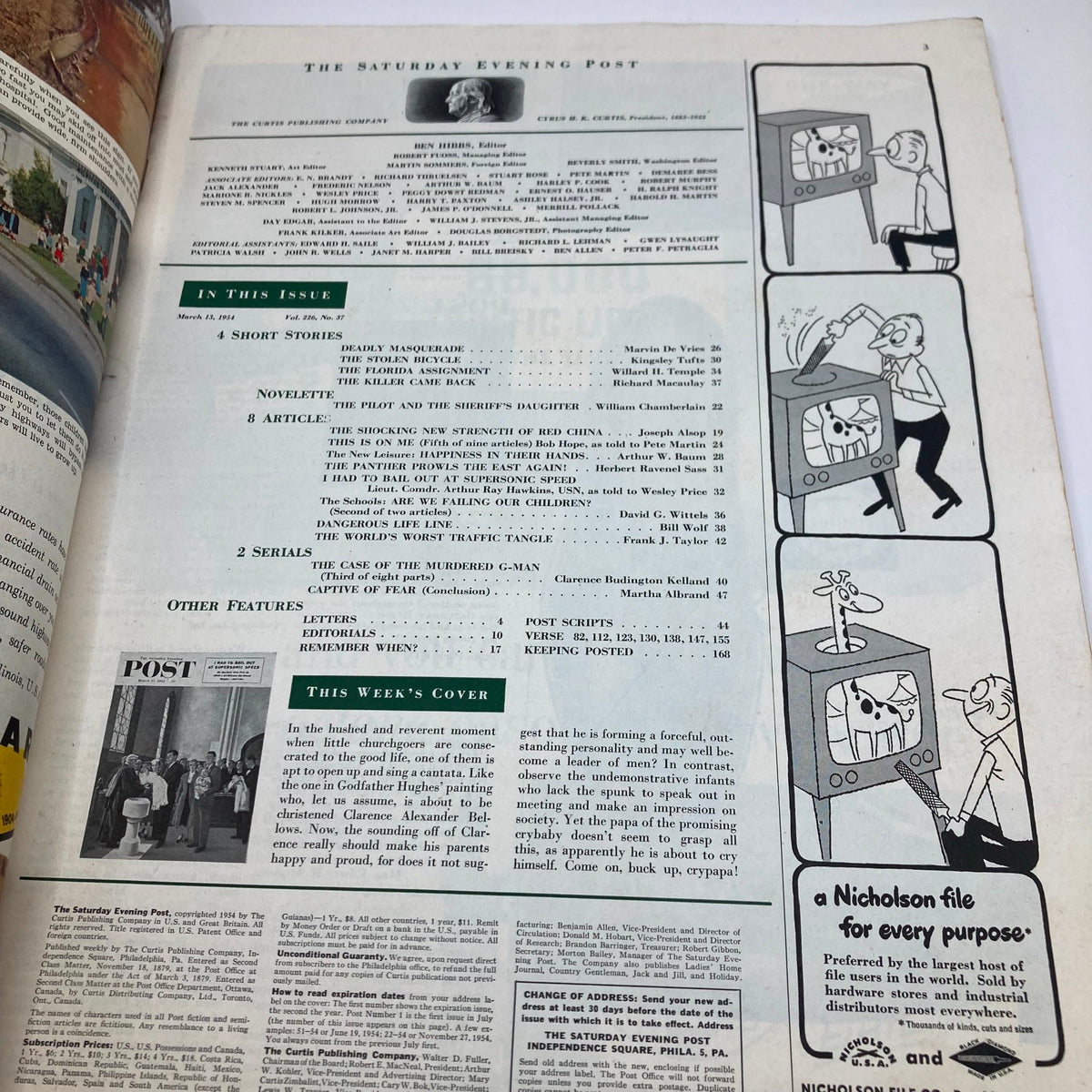 Inside page of Saturday Evening Post Magazine March 13 1954 featuring a table of contents and sections overview with articles and illustrations.