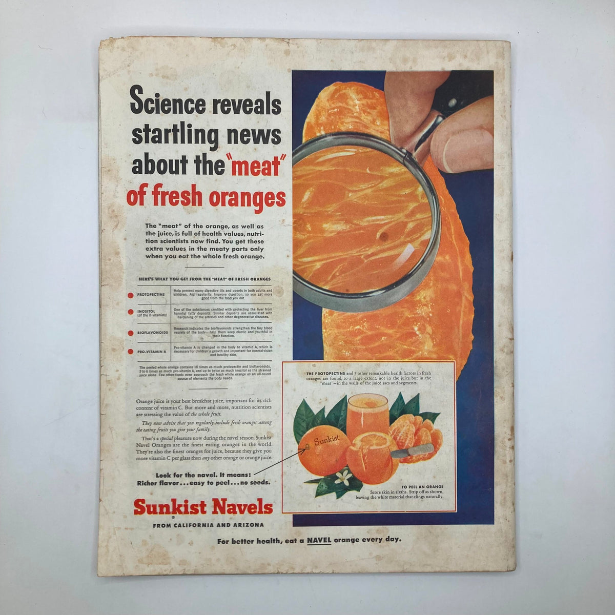 Back cover of Saturday Evening Post Magazine March 13 1954 highlighting an advertisement for Sunkist Navels, discussing the nutritional benefits of fresh oranges.