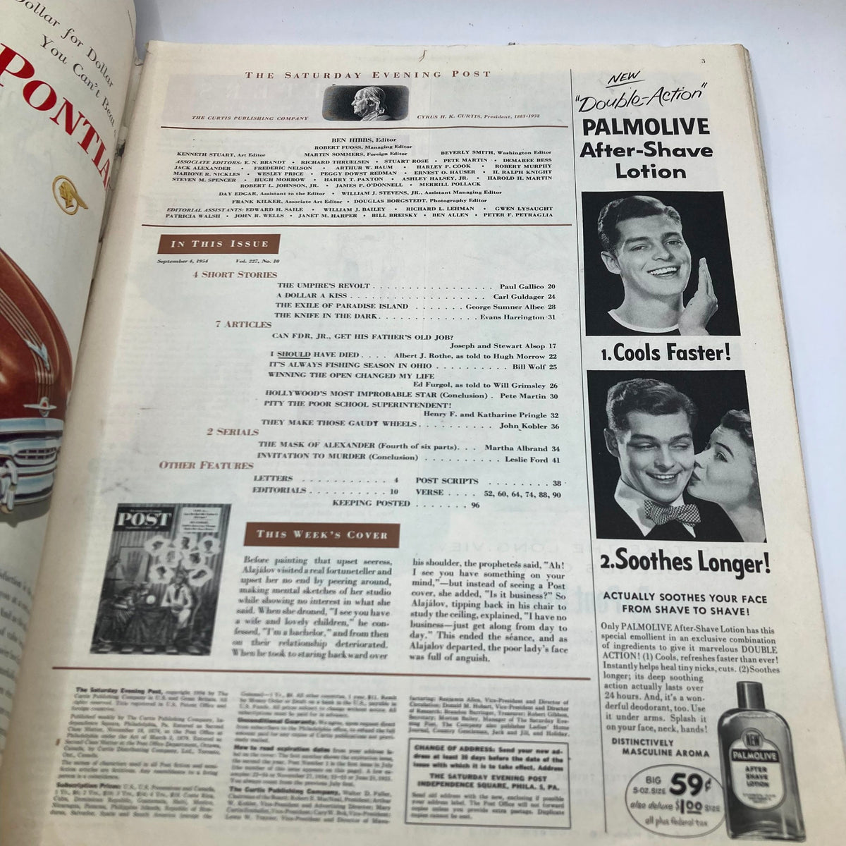 Inside page of Saturday Evening Post Magazine from September 4, 1954, detailing the articles and features of the issue, including a list of short stories and advertisements for Palmolive After-Shave Lotion.