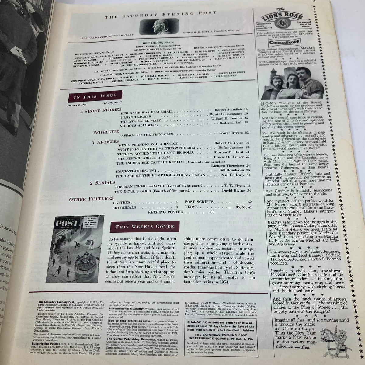 Inside page of the Saturday Evening Post Magazine January 2, 1954, showcasing the table of contents with article titles and features, highlighting 'We're Phoning You a Bandit!' by Robert M. Yoder.