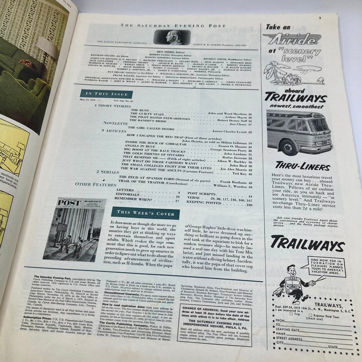 Internal page from the Saturday Evening Post Magazine May 15, 1954, showcasing the table of contents and articles featured in the issue.
