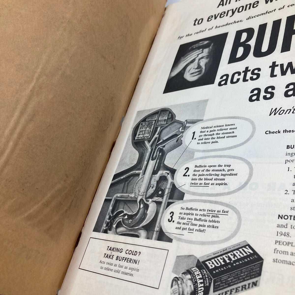 Illustration showcasing Bufferin's mechanism and benefits in pain relief, emphasizing its effectiveness compared to aspirin; from Saturday Evening Post Magazine February 27 1954.