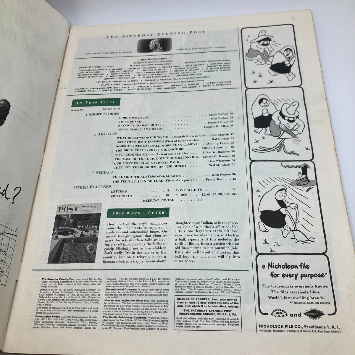 Inside page of Saturday Evening Post Magazine June 5, 1954 showing the table of contents and articles, highlighting features and stories in this vintage issue.