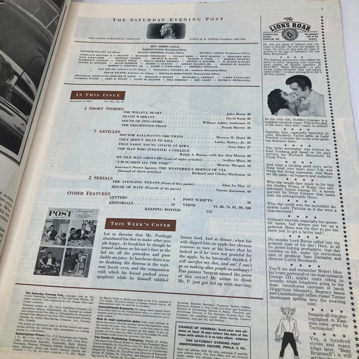 Inside page of the Saturday Evening Post Magazine, November 6, 1954, detailing articles and features including the piece on Mr. Portleigh, capturing the essence of mid-20th-century America.