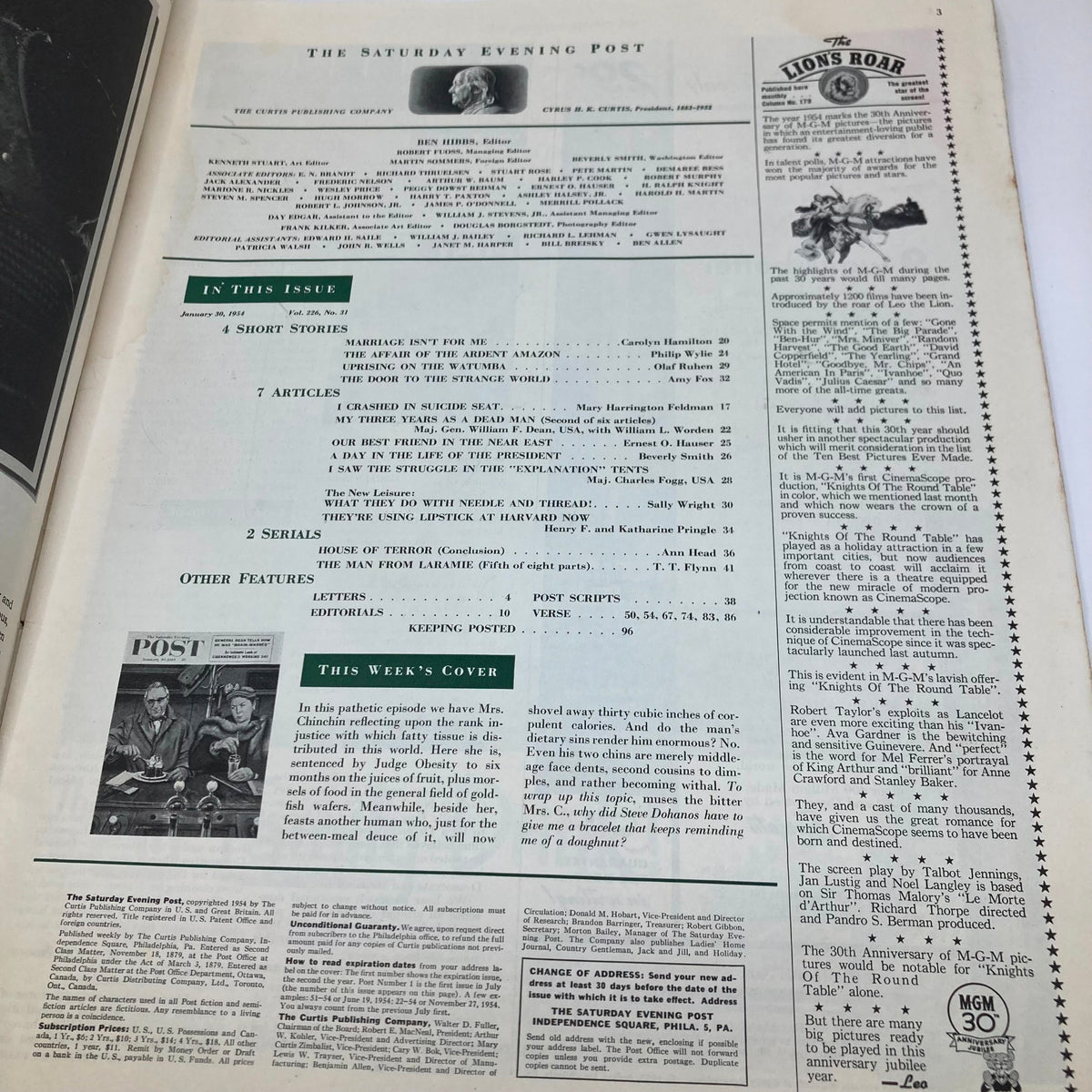 Interior page of the Saturday Evening Post Magazine January 30, 1954, featuring articles and a description of the cover artwork titled 'Mrs. Chinchin' by artist Dohanos.