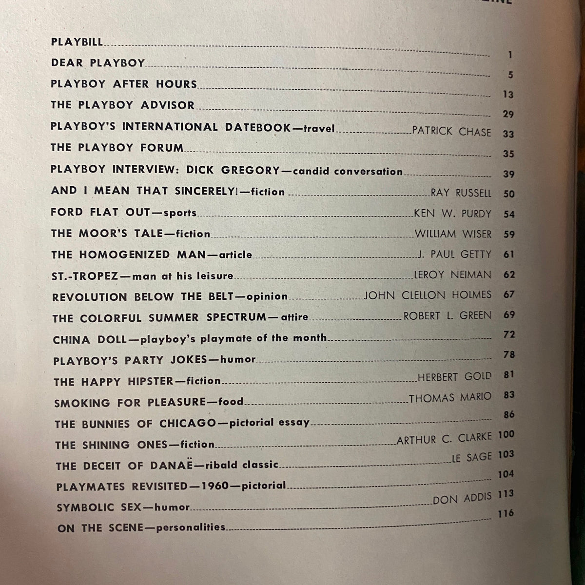 Table of contents page from Playboy Magazine August 1964, listing features including articles and interviews relevant to the era.