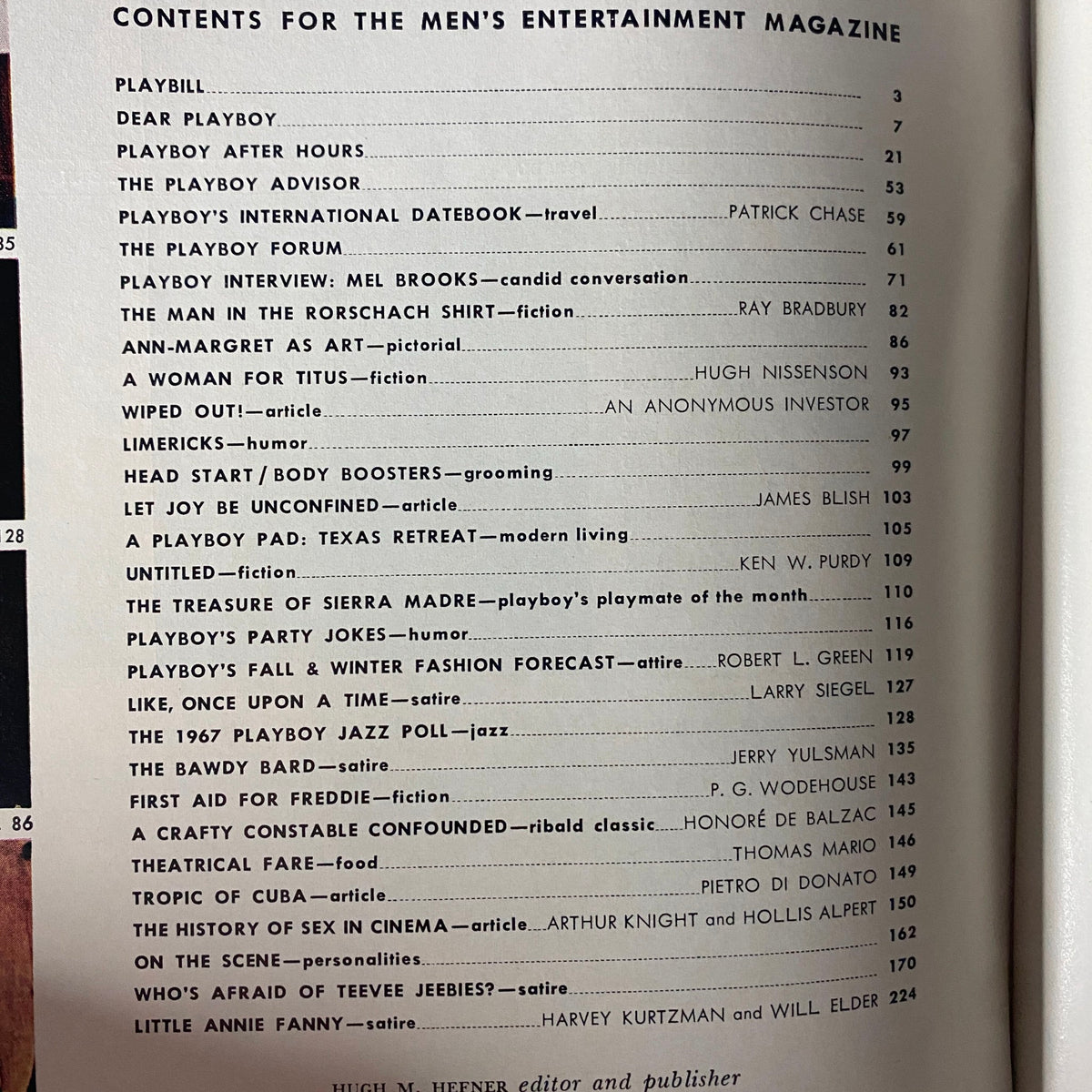 Table of contents page from Playboy Magazine October 1966, detailing features including an interview with Mel Brooks.